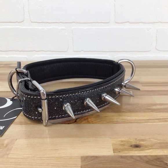 Mad Cow genuine leather Punk Rock dog collar handmade black dark silver studs - Picture 2 of 16